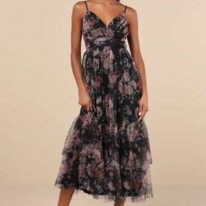 Lulus- Extremely Fabulous Black Floral Mesh Tiered Midi Dress- NWT